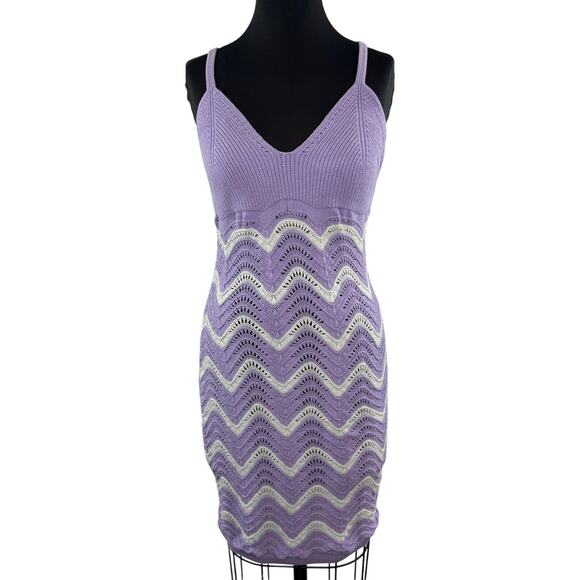 H&M Purple White Bodycon Dress Crochet Fine-Knit V-Neck Cross Back Strap Large L - Picture 1 of 7